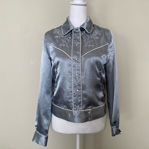 Western silver/blue embroidered Urban Outfitters satin jacket with pearl snaps